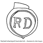 Wine bottle seal molded with initials RD enclosed within a circle, 31 mm diameter, from 18PR705.